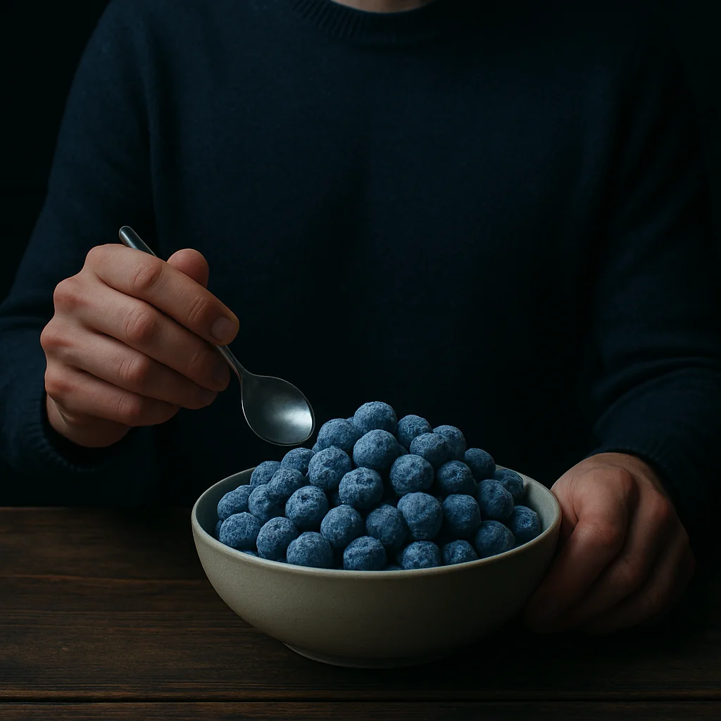 Fresh blueberries, frozen blueberries, and dried blueberries arranged side by side to illustrate different processing methods and their effects on anthocyanin content