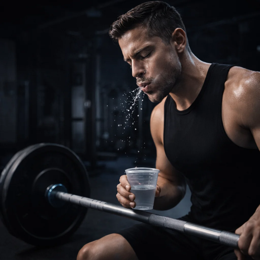 Athlete mouth rinsing carbohydrate solution before weightlifting representing oral carbohydrate sensing for performance