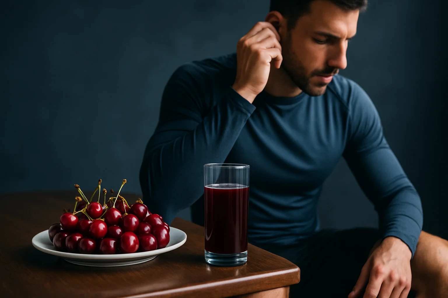 A plate of fresh cherries, a glass of cherry juice, and a man in sports attire preparing for his workout, illustrating the precovery concept of consuming cherry juice before exercise