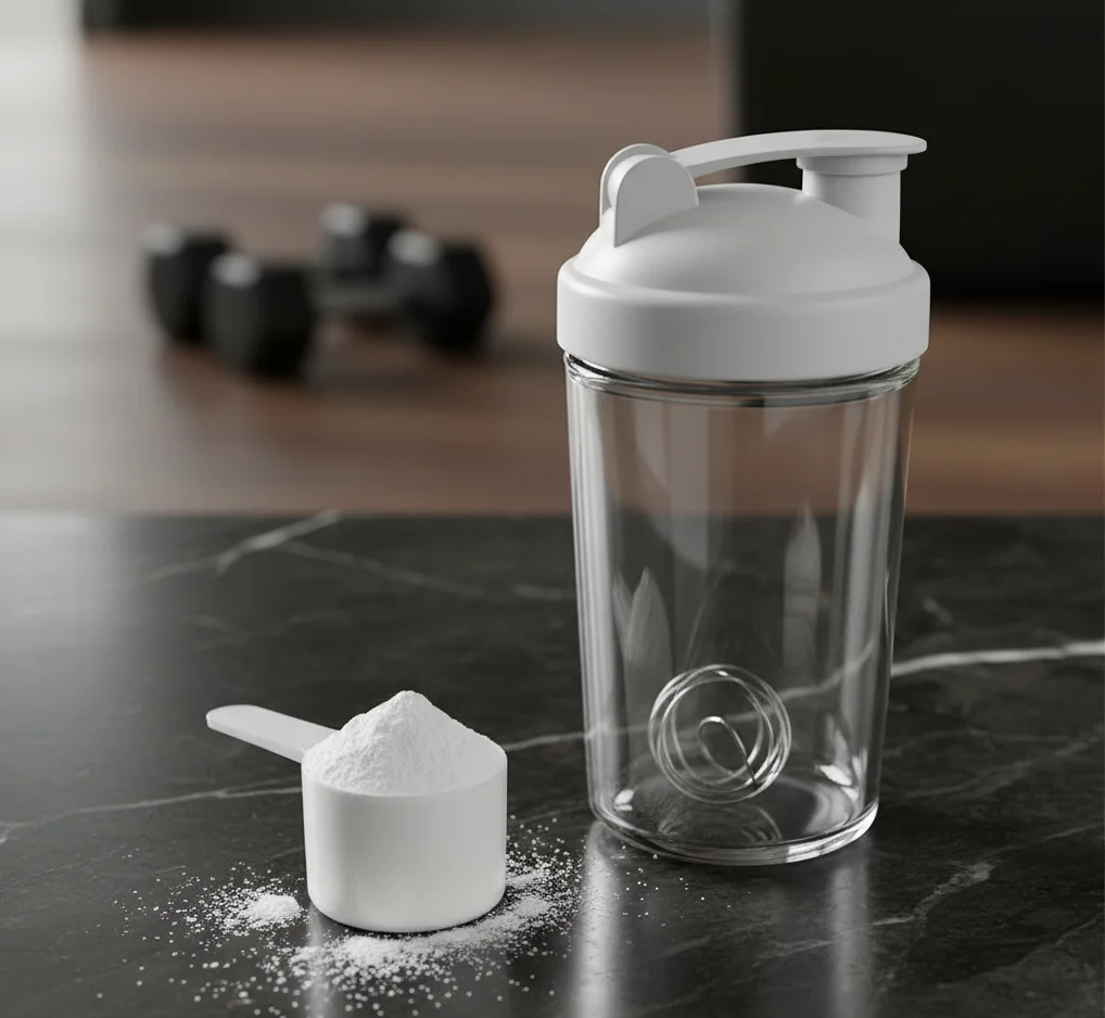Creatine powder and supplement with dumbbells representing sports nutrition