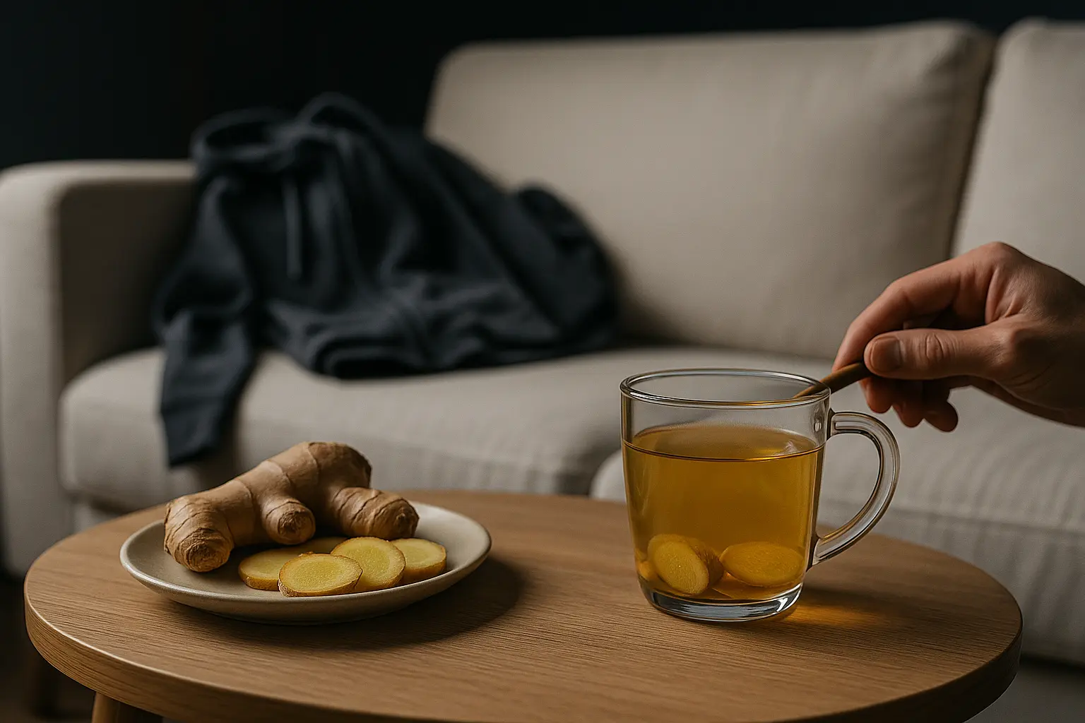 Small coffee table with fresh sliced ginger on a plate and ginger tea in a glass, with a white sofa and gym clothes in the background, representing the connection between natural pain relief and active lifestyle