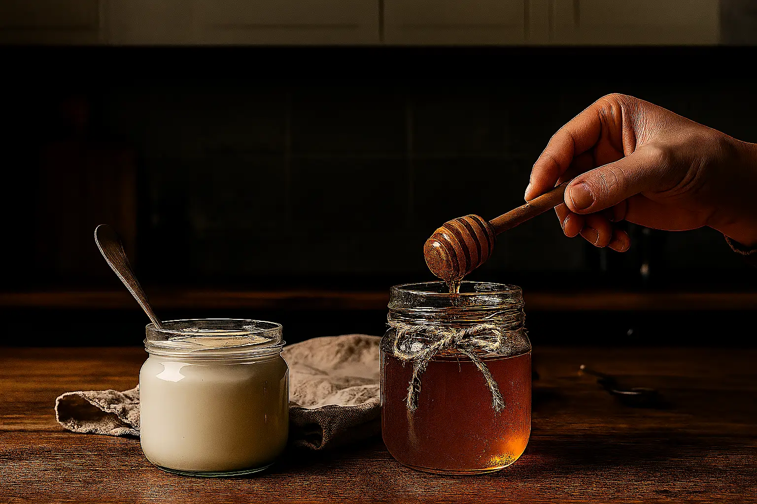 A bowl of creamy yogurt being drizzled with golden honey from a wooden honey dipper, surrounded by fresh berries and representing the synergistic relationship between honey and probiotics