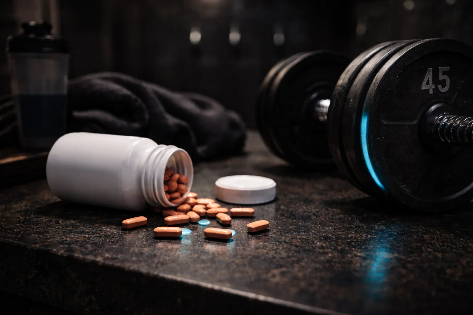 Ibuprofen pills and dumbbells representing the conflict between NSAID use and muscle building during resistance training