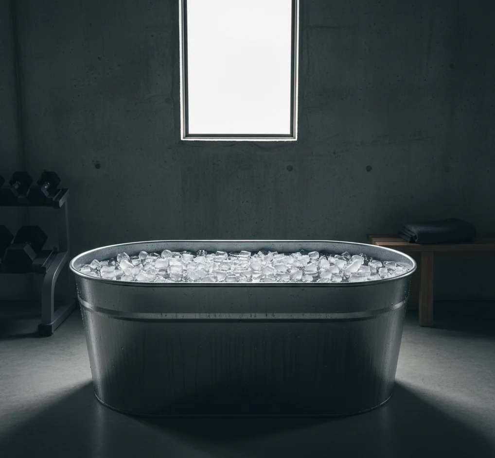 Athlete sitting in ice bath after training, representing cold water immersion for recovery