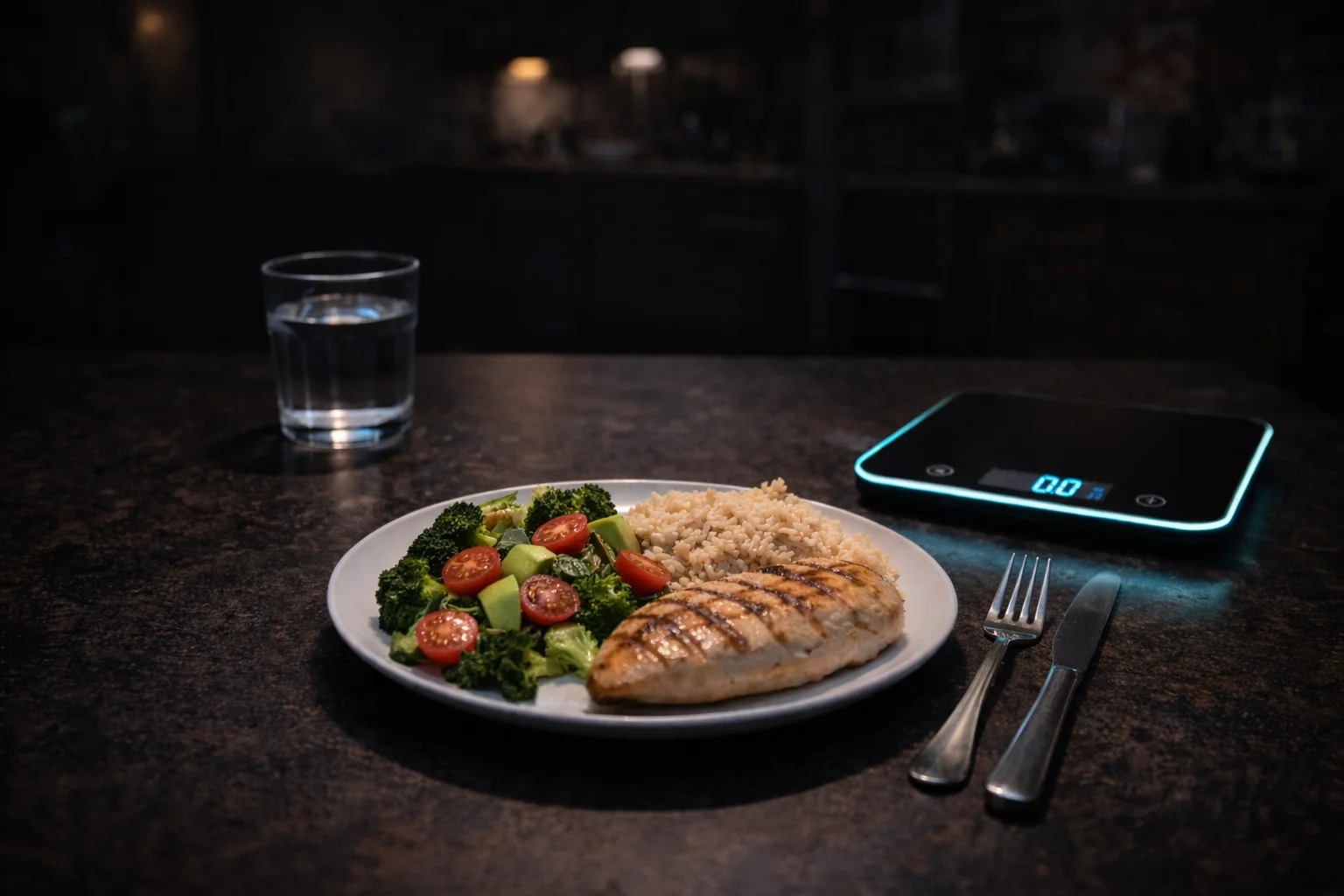 Clock showing eating window timing alongside blood glucose monitor, representing time-restricted eating for type 2 diabetes management