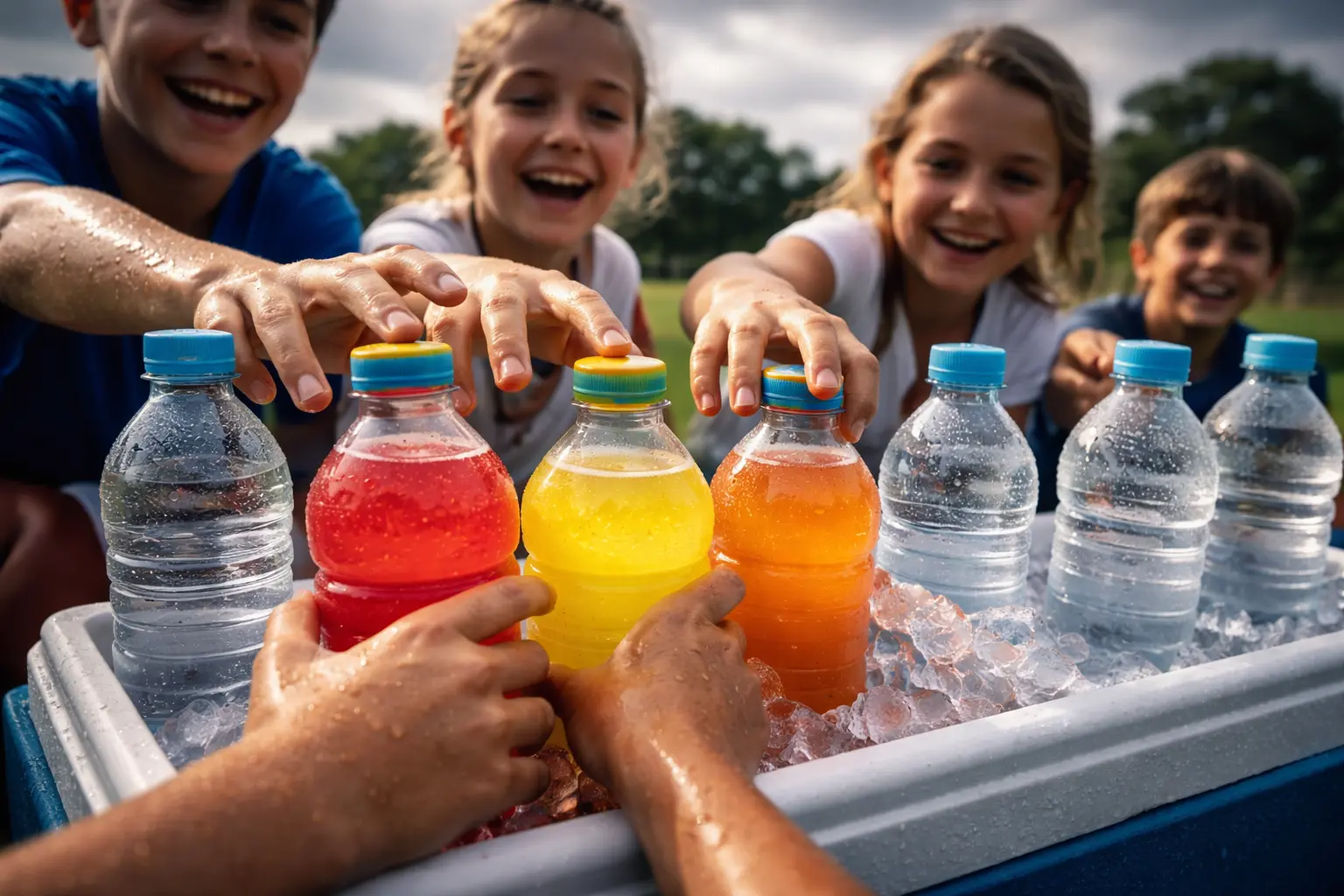 Children drinking flavored beverages during outdoor exercise in warm weather, representing hydration research study