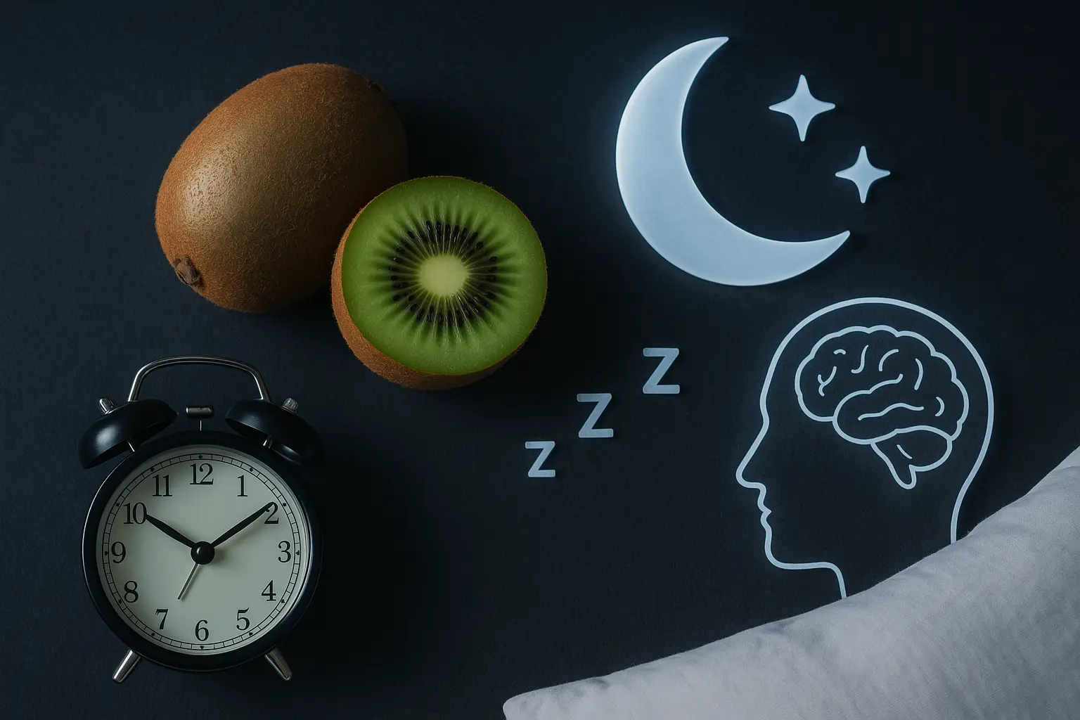 Two fresh green kiwifruit cut in half, showing their vibrant green flesh and black seeds, representing the natural sleep aid discussed in the article