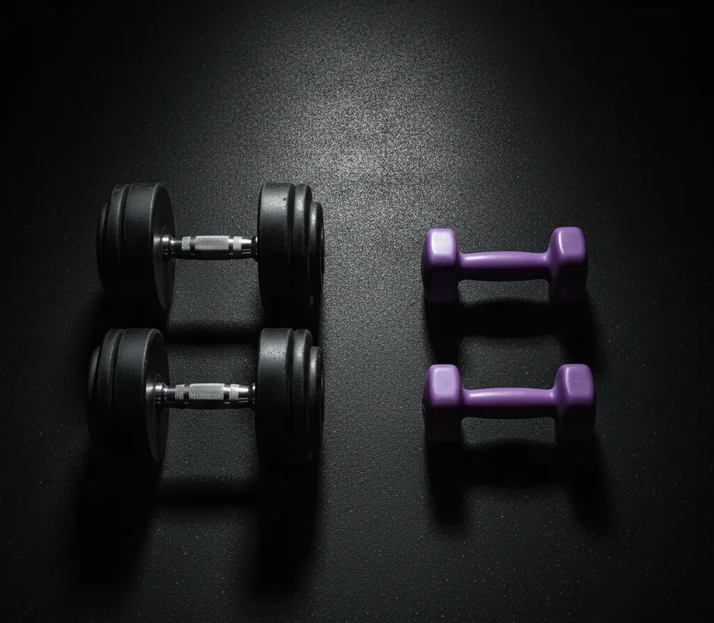 Comparison of heavy and light dumbbells representing different training loads