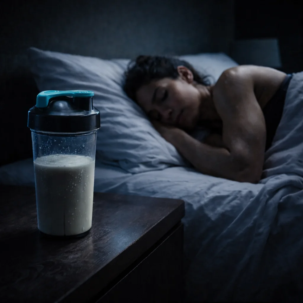 Protein shake and alarm clock representing nighttime protein consumption for overnight muscle recovery and growth