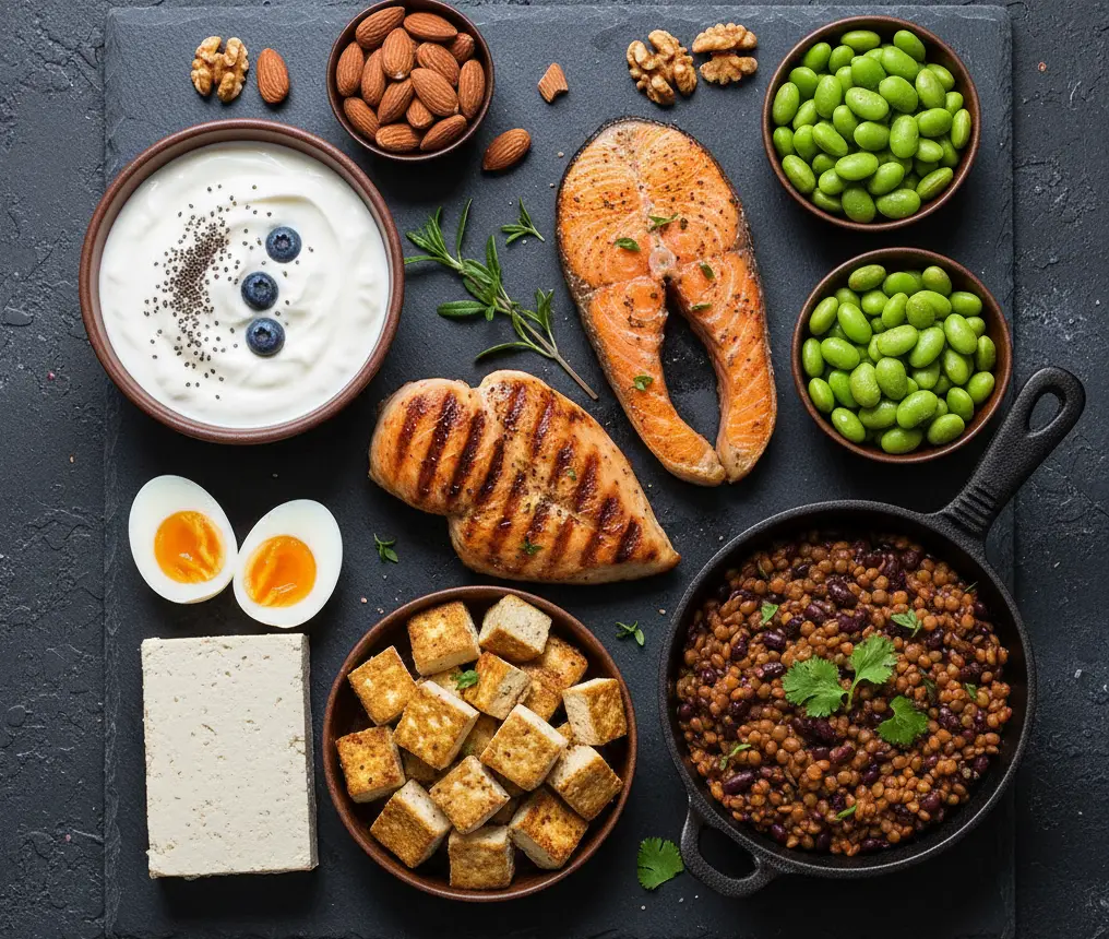 High-protein foods including chicken, fish, eggs, and legumes representing optimal protein intake