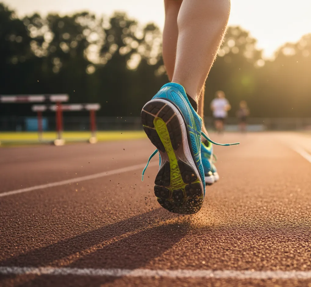 Runner on track demonstrating proper running form and cadence