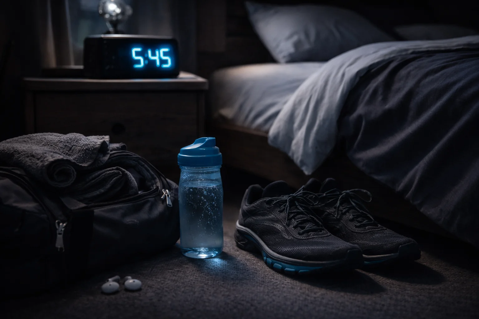 Athlete sleeping peacefully with alarm clock showing early morning time, representing sleep extension research for performance