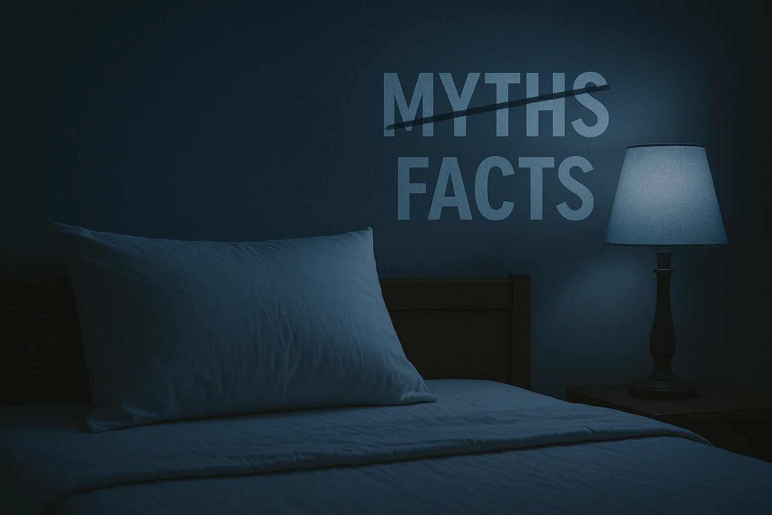 A cozy bedroom scene with a bed and lamp, featuring the word 'myths' crossed out and replaced with 'facts', representing the debunking of sleep misconceptions through scientific evidence