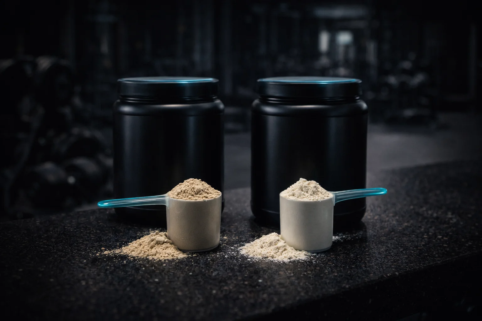 Soy protein and whey protein containers side by side representing plant versus animal protein comparison for muscle building