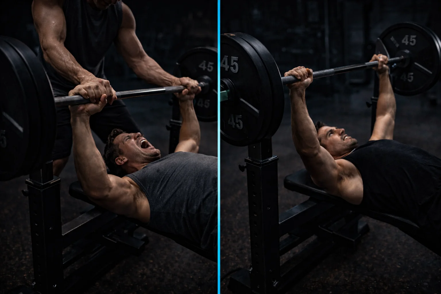 Athlete performing barbell squat with coach spotting, representing training intensity and proximity to failure research