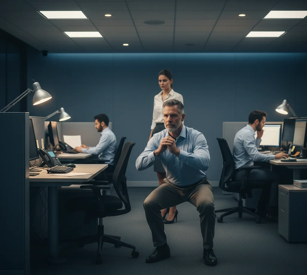 Office worker doing body-weight squats next to their desk during a work break, representing the concept of activity snacks for muscle protein synthesis